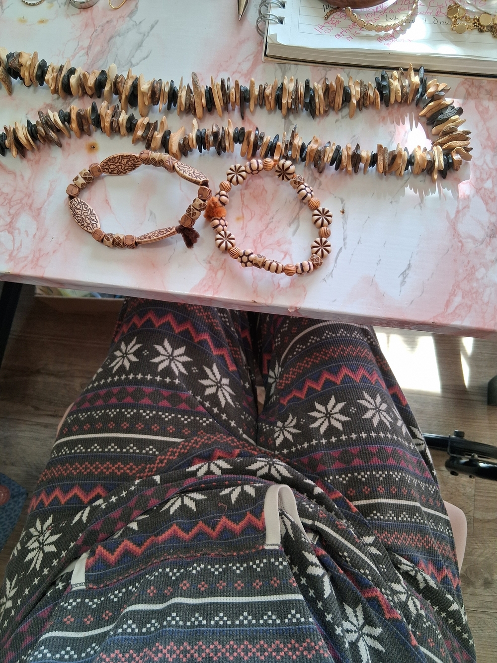 Beaded Necklace and Wood Bead Bracelets - Beige, Tan & Black